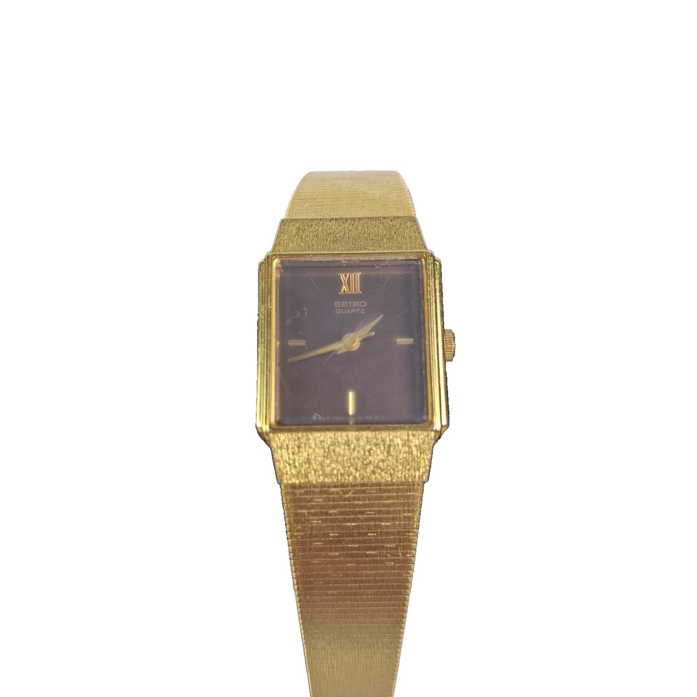 Vintage Seiko Gold Tone Quartz Dress Watch Rectangular Brown Dial New Battery